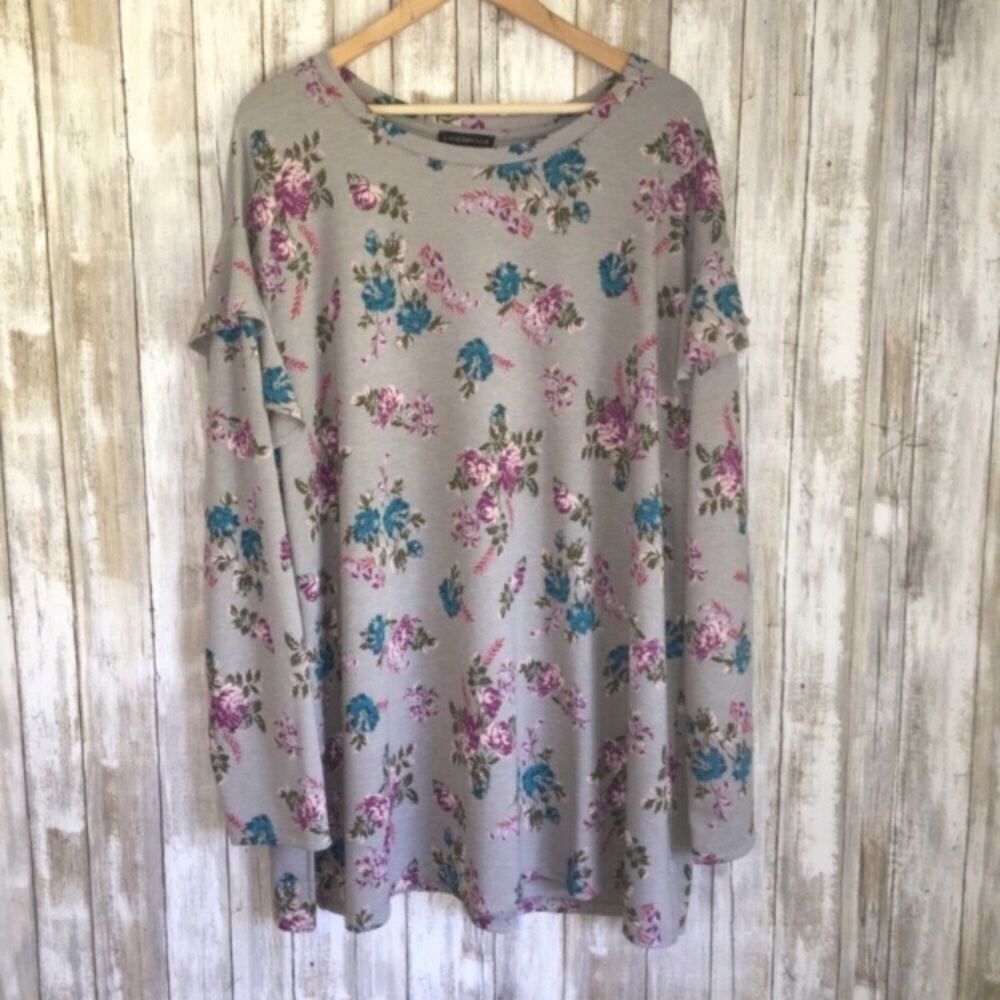 Lane Bryant Floral Tunic Top 22/24 Gray Pink Blue Long Sleeve Plus Size - Picture 1 of 5